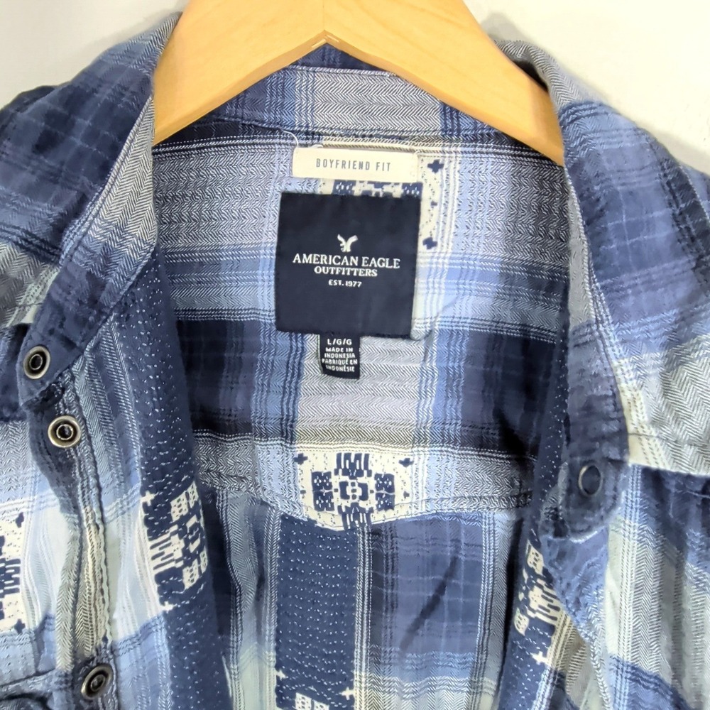 American Eagle Blue Plaid Button Down; Boyfriend Fit, Embroidered, Western